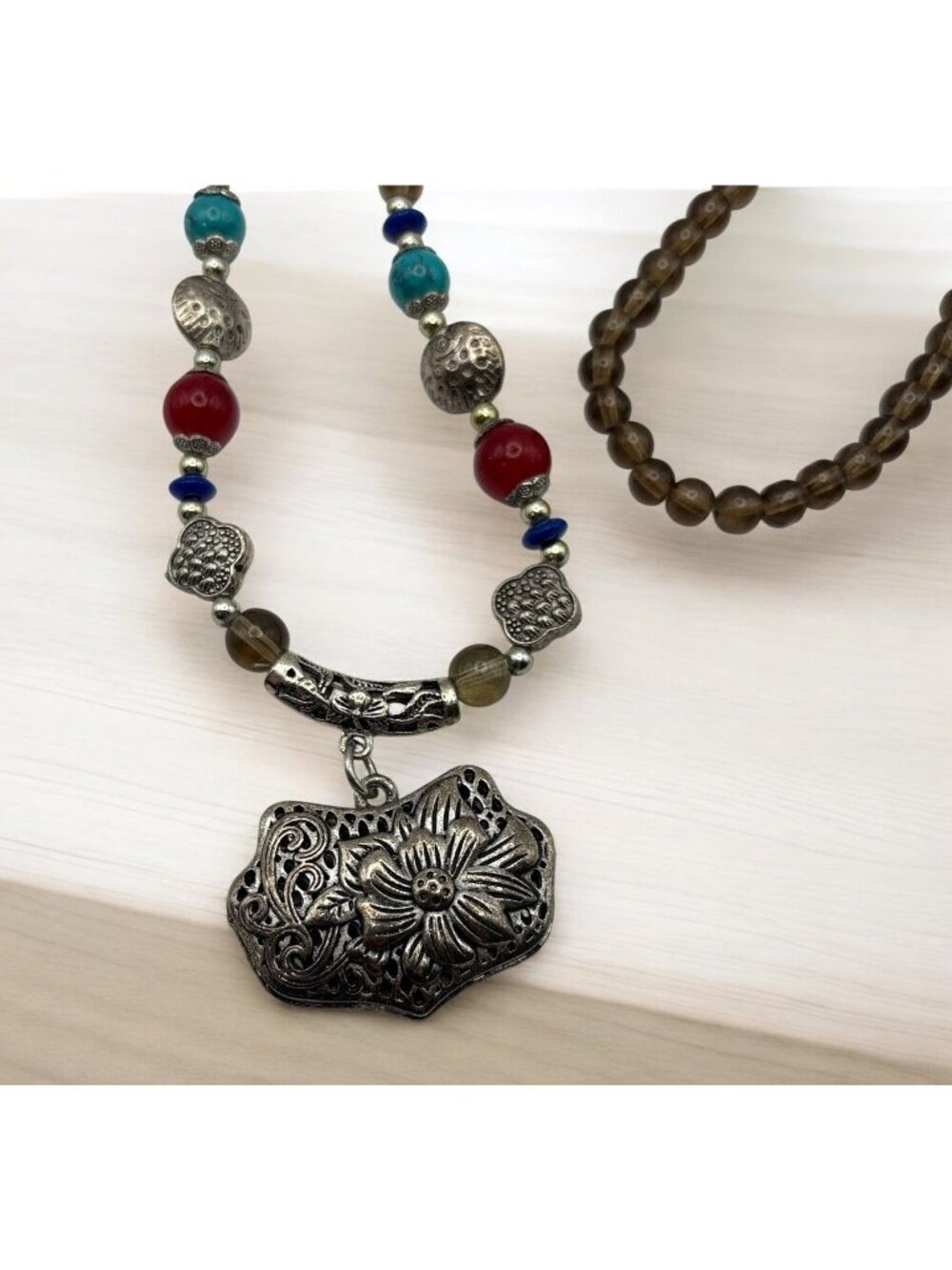 Boho Beaded Necklace with Silver Tone Floral Pendant Earth Tones Nature Fashion